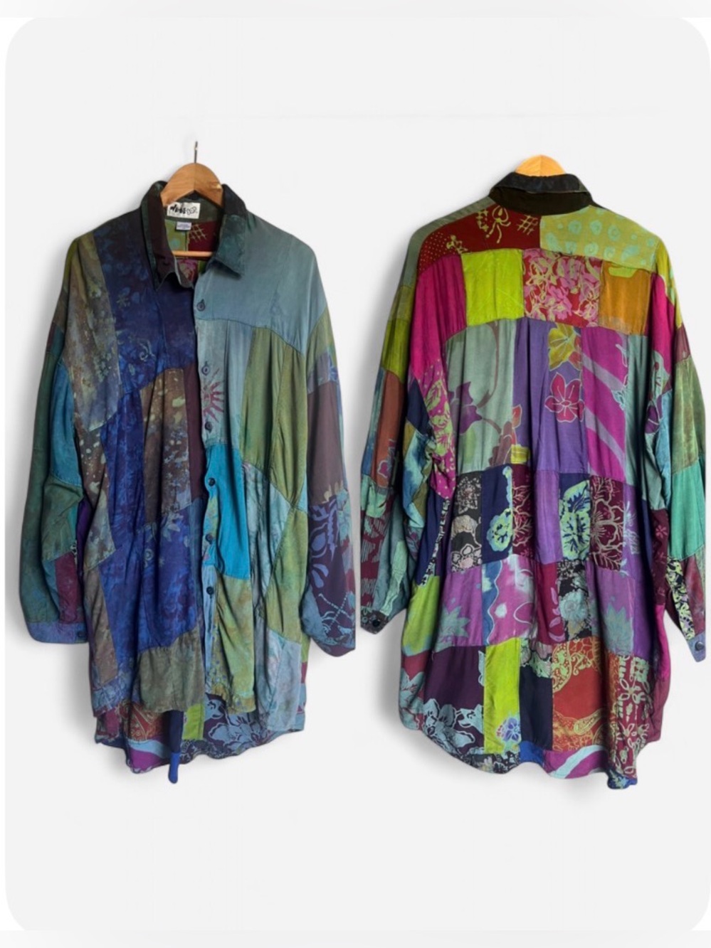We Be Bop Shirt Women 1X Oversized Patchwork Flowy Art 80s 90s Button Down Boho